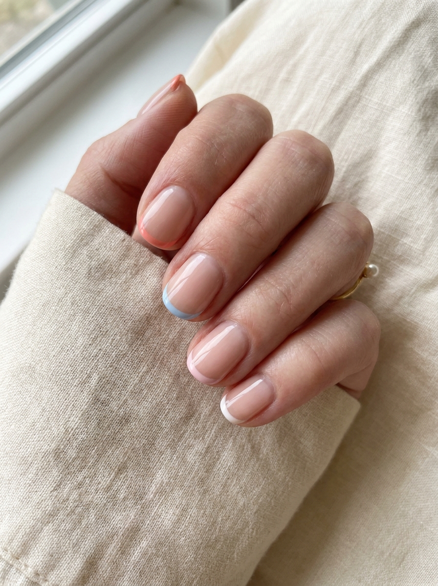 Short Sommer French Nails mit sehr feinen farbigen Spitzen